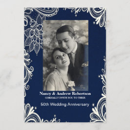 Convites rendição de casamento azul náutico de renda branca