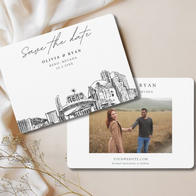 Convites Reno Wedding Skyline Centro Salve a Data (Reno wedding save the date with engagement photo and downtown skyline sketch)