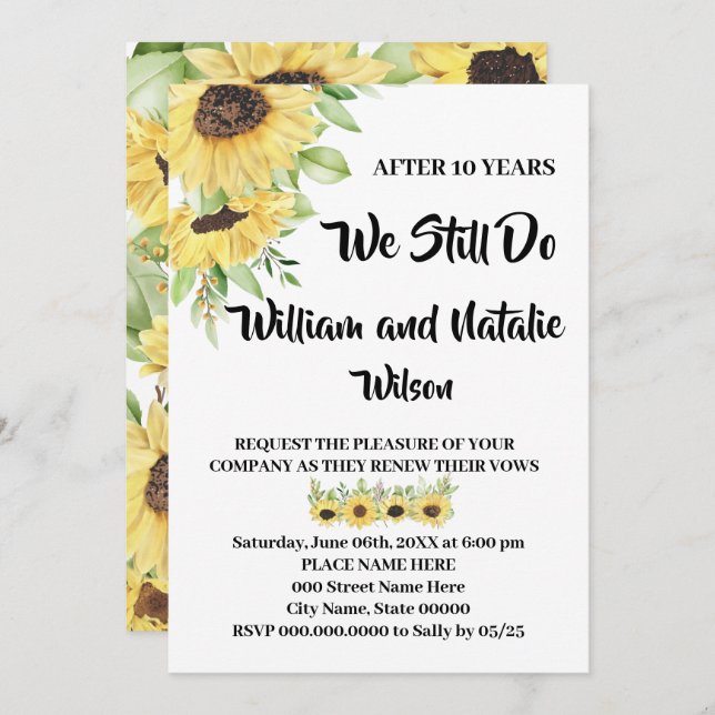 Convites Renovação de Aniversário do Casamento Sunflower Vo (Frente/Verso)
