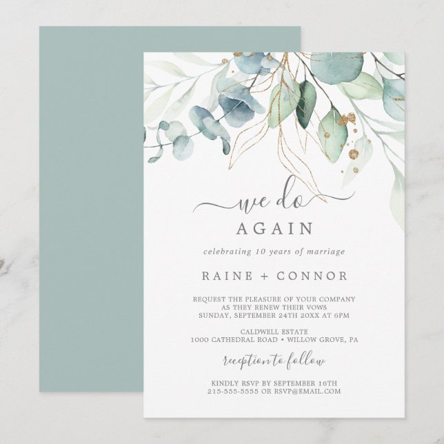 Convites Renovação de Voto 'Airy Greenery & Gold Leaf We Do (Frente/Verso)