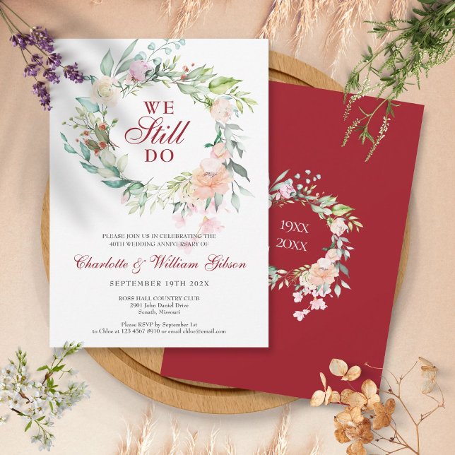 Convites Renovação de Votos de Aniversário de 40 Anos de Ca (40th Wedding Ruby Anniversary Vow Renewal Floral Invitation)