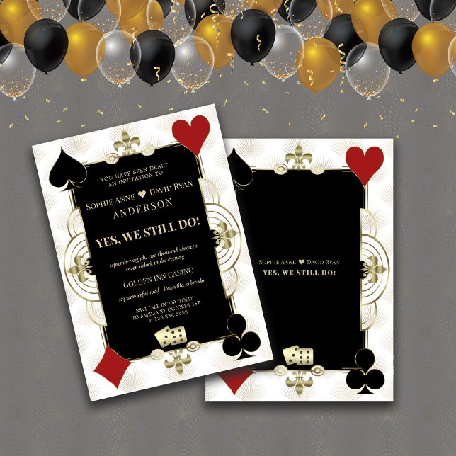Convites Renovação de Votos do Cassino Elegante de Las Vega (Art Deco renew the vows invitation, gold black white casino invitation, )