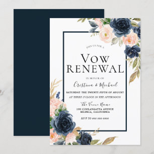 Convites Renovação de Votos Elegante Floral Azul-Marinho e 