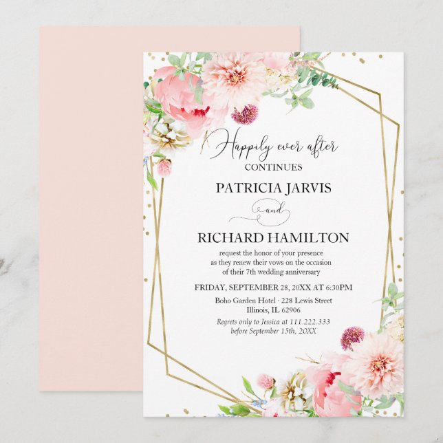 Convites Renovação de Votos Floral Elegante Feliz para Semp (Frente/Verso)
