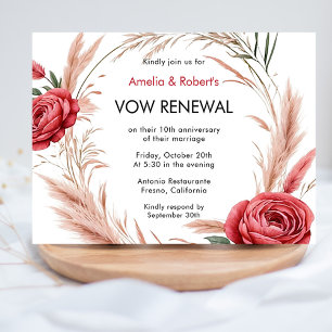 Convites Renovação de Vow Boho Pampas de Rosa vermelha Rosa