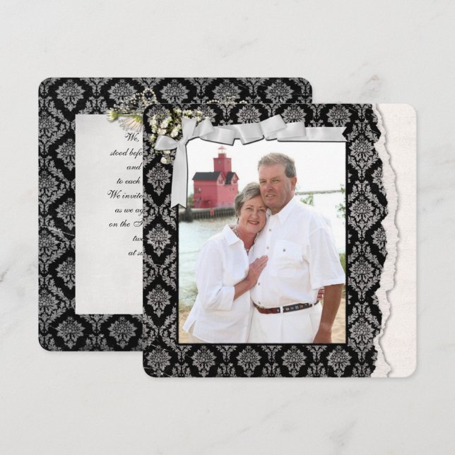 Convites Renovação de Vow de Foto do Damask (Frente/Verso)