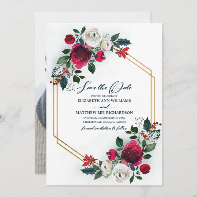 Convites Reserve a Data. Azul empoeirado | Foto De Casament (Frente/Verso)