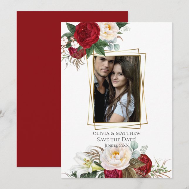 Convites Reserve a Data | Burgundy Peony Buquês (Frente/Verso)