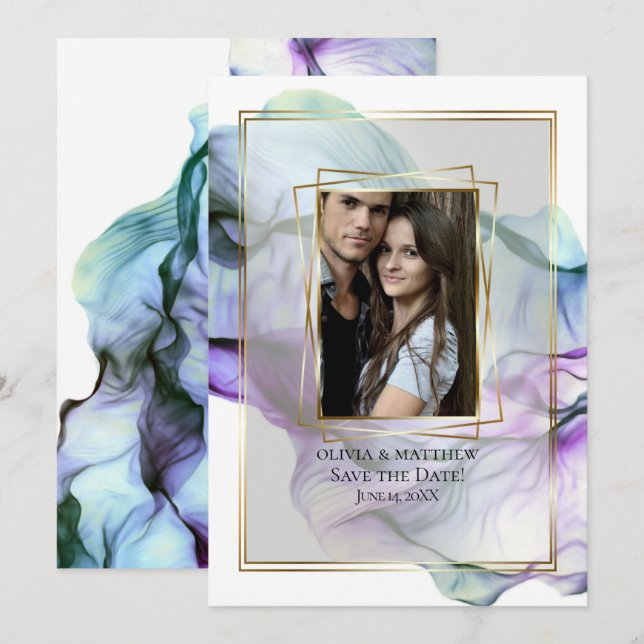 Convites Reserve a Data | Cabeças de Abstrato Tinta e Teal  (Frente/Verso)