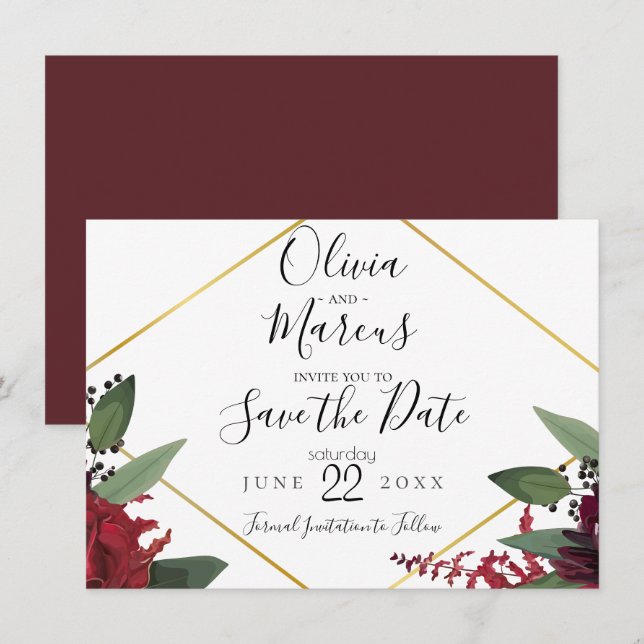 Convites RESERVE A DATA | Elegante Burgundy Marsala Floral  (Frente/Verso)