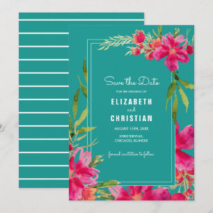 Convites Reserve a Data. Fuchsia Turquoise Floral Watercolo