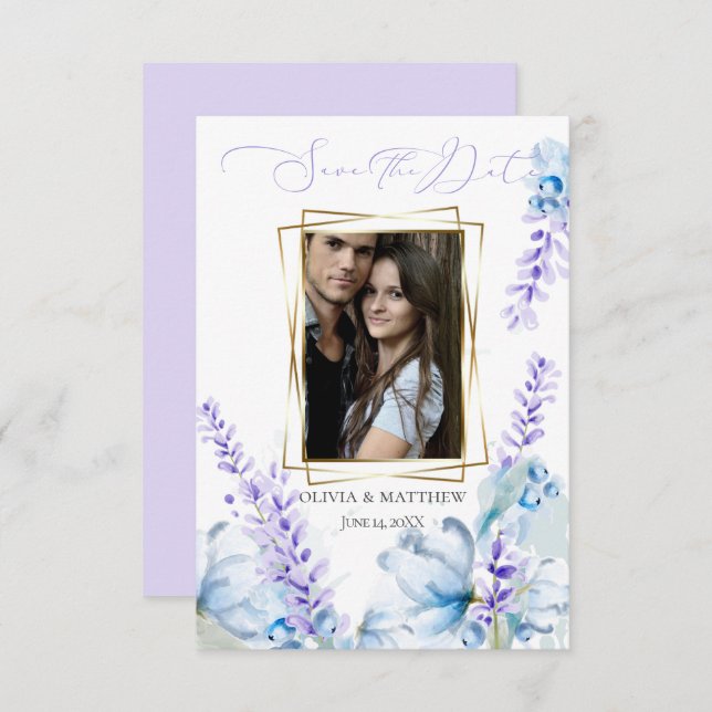 Convites RESERVE A DATA | Lavanda de aquarela - Azul poeire (Frente/Verso)