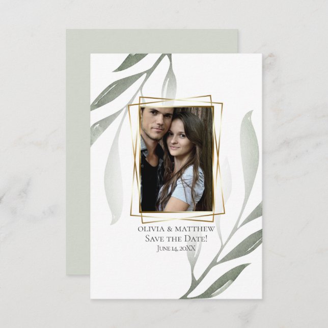 Convites RESERVE A DATA | Sage Green Olive Branch — Waterco (Frente/Verso)