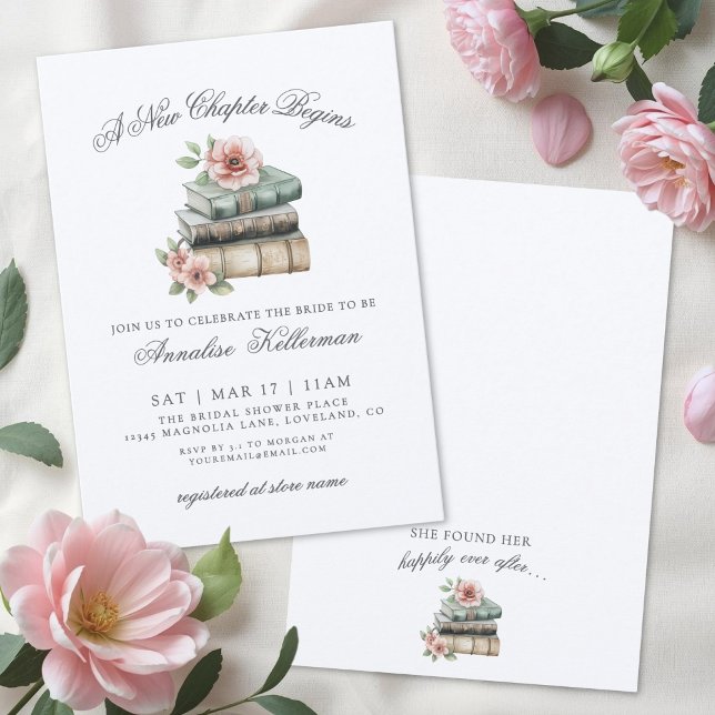 Convites Reserve Novo Capítulo Elegante Chá de Noiva Floral (Book New Chapter Floral Bridal Shower Invitation)