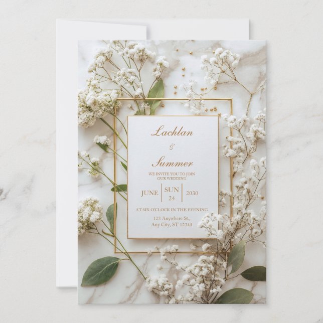Convites Respiro de Bebê Branco Mármore Casamento Minimalis (Frente)