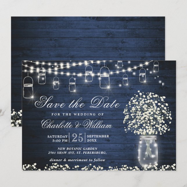 Convites Respiro de Bebê Jarro de Mason Azul Rústico de Mad (Frente/Verso)