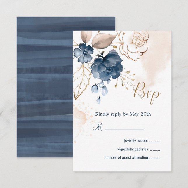 Convites Resposta de casamento azul naval e dourado floral (Frente/Verso)
