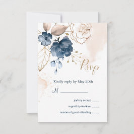 Convites Resposta de casamento azul naval floral e dourado