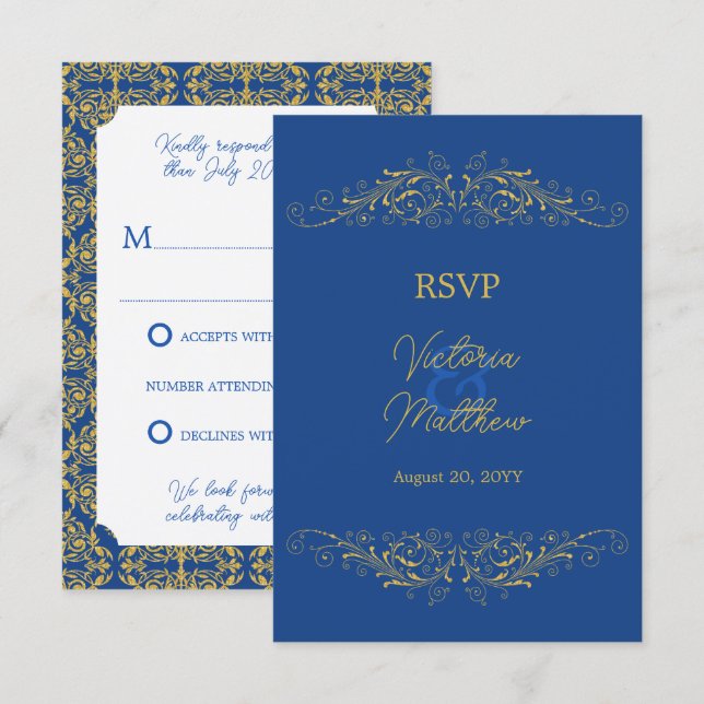 Convites Resposta de Casamento Bleu e Ouro com Floresciment (Frente/Verso)