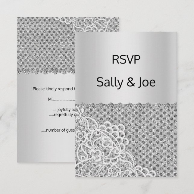 Convites Resposta de Casamento com Lace Diamond em Silver S (Frente/Verso)
