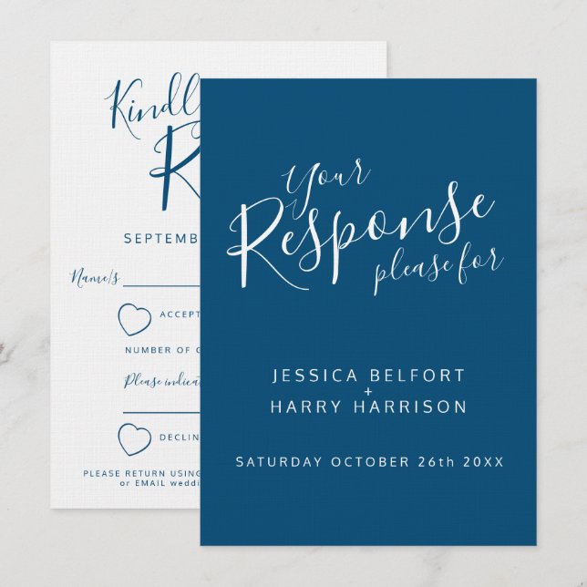 Convites Resposta de casamento coração branco azul RSVP (Frente/Verso)