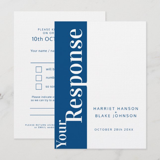 Convites Resposta de casamento em texto azul e branco em ne (Frente/Verso)