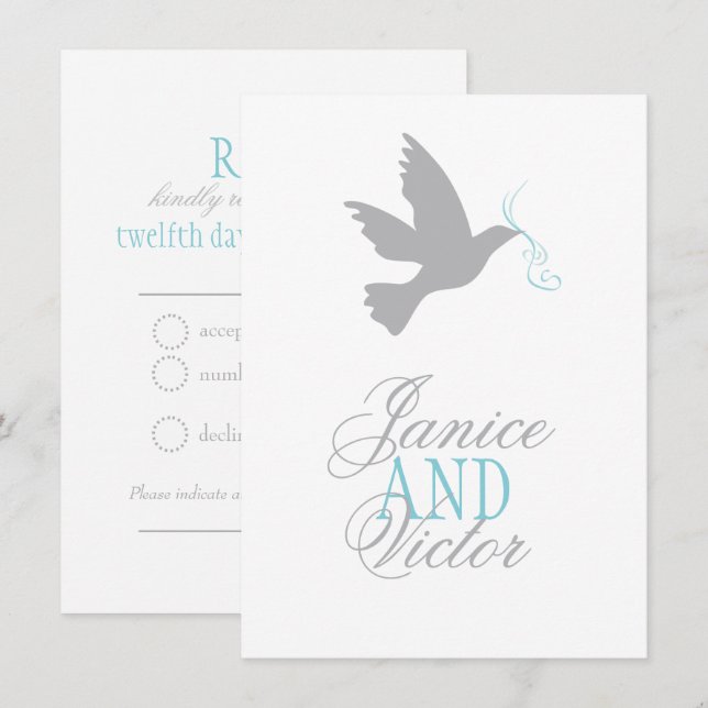 Convites Resposta de casamento formal com fita azul e pombo (Frente/Verso)
