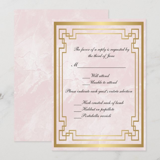 Convites Resposta de Casamento Rosa Mármore Quadro Geométri (Frente/Verso)