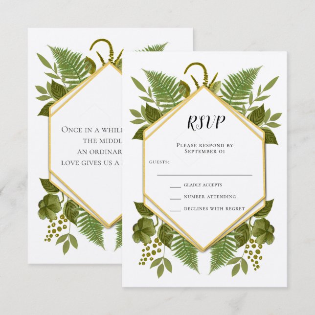Convites Resposta de Casamento Samambaias e Fauna Dourado e (Frente/Verso)