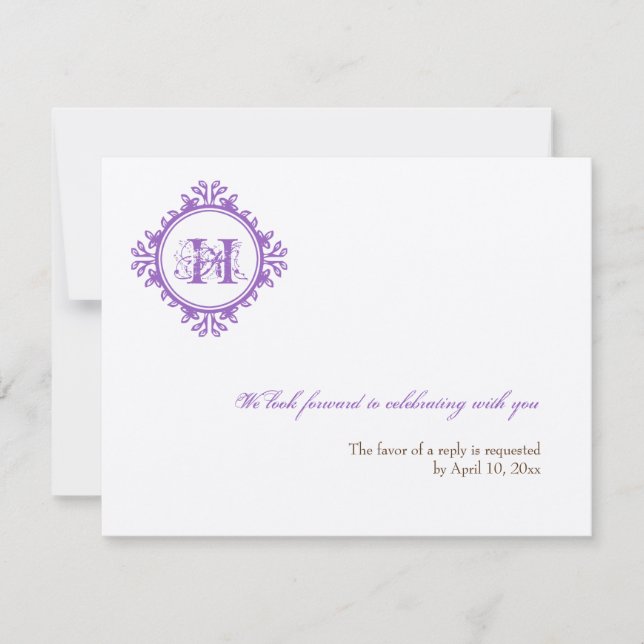Convites Resposta de RSVP de casamento inicial roxo decaime (Frente)