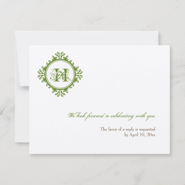 Convites Resposta de RSVP de casamento inicial verde de dec (Frente)