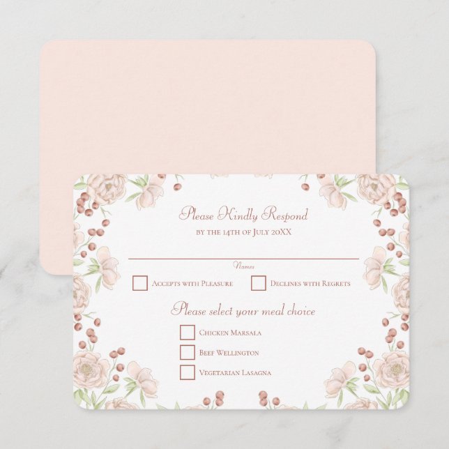Convites Resposta de RSVP de Casamento Rosa Bege (Frente/Verso)