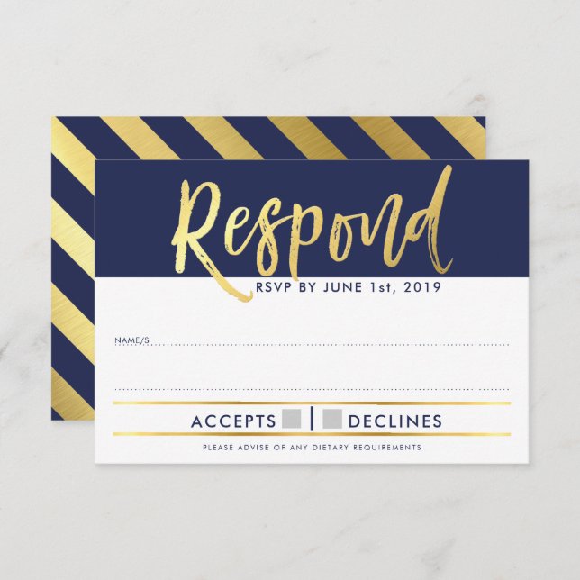 Convites RESPOSTA DE RSVP dourado falso azul marinho (Frente/Verso)