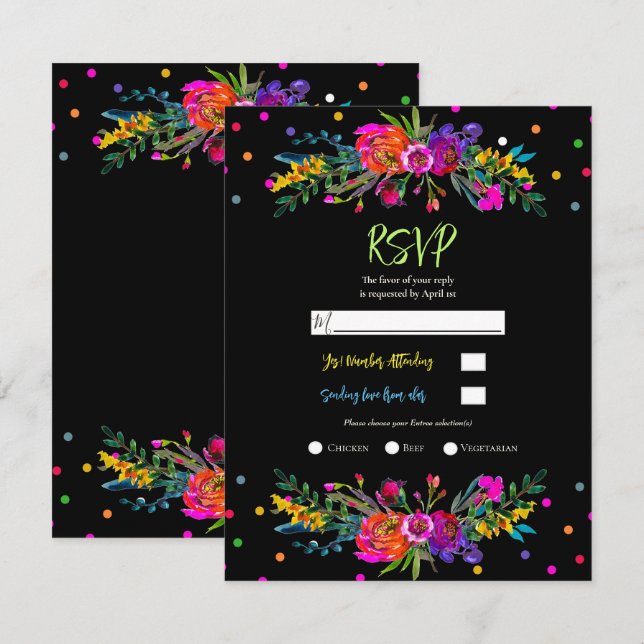 Convites Resposta de RSVP para Bright Modern Floral & Black (Frente/Verso)