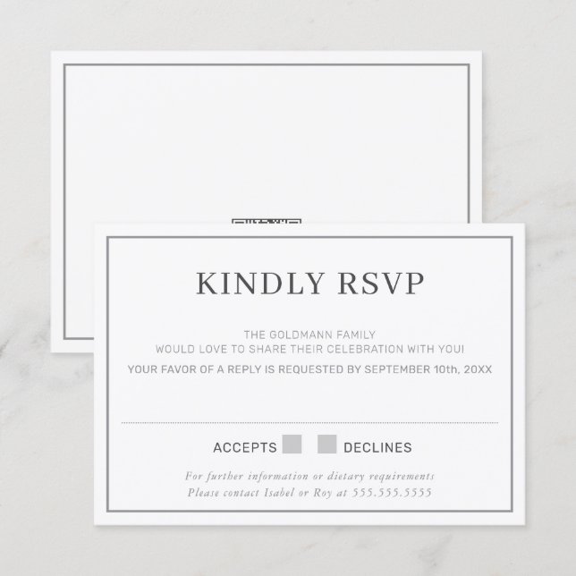Convites RESPOSTA DE RSVP simples borda minimal cinza (Frente/Verso)