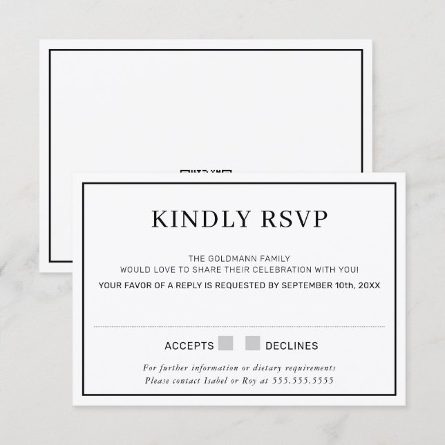 Convites RESPOSTA DE RSVP simples borda minimal preta (Frente/Verso)