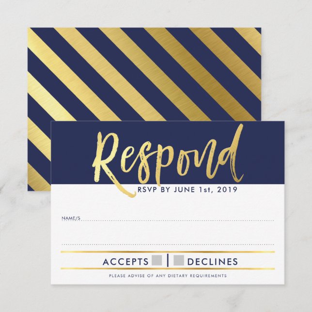 Convites RESPOSTA DE RSVP tipo dourado falso azul marinho (Frente/Verso)