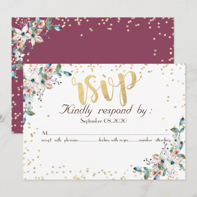 Convites Resposta Gold Diamonds Burgundy Flowers RSVP (Frente/Verso)