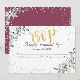 Convites Resposta Gold Diamonds Burgundy Flowers RSVP