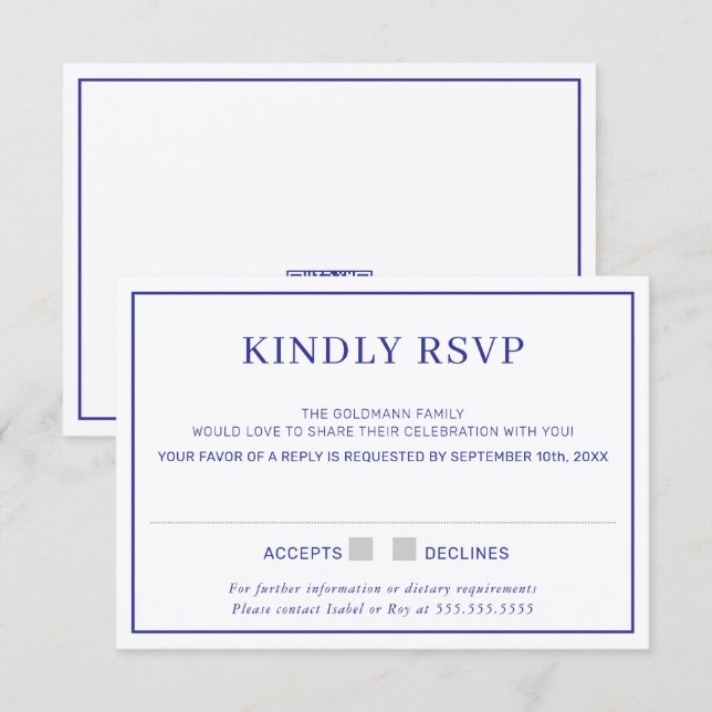 Convites RESPOSTA RSVP borda minimal simples azul real (Frente/Verso)