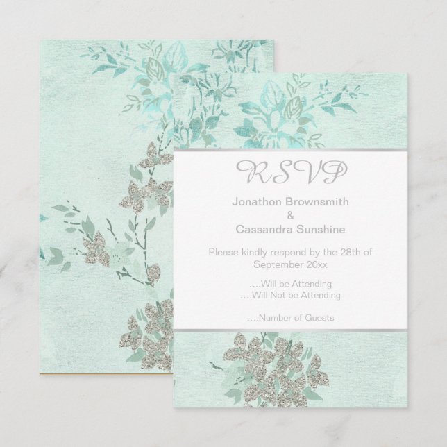 CONVITES RESPOSTA RSVP CASAMENTO AZUL PRIMAVERA PRATA (Frente/Verso)
