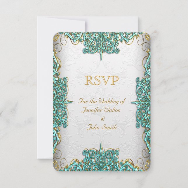 Convites Resposta RSVP Casamento Ornato Branco Azul Turques (Frente)