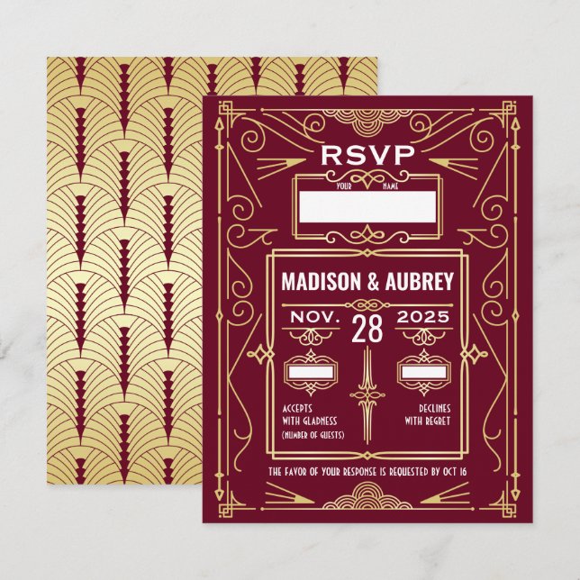 Convites Resposta RSVP de Arte Deco Wedding Dourada Burgund (Frente/Verso)