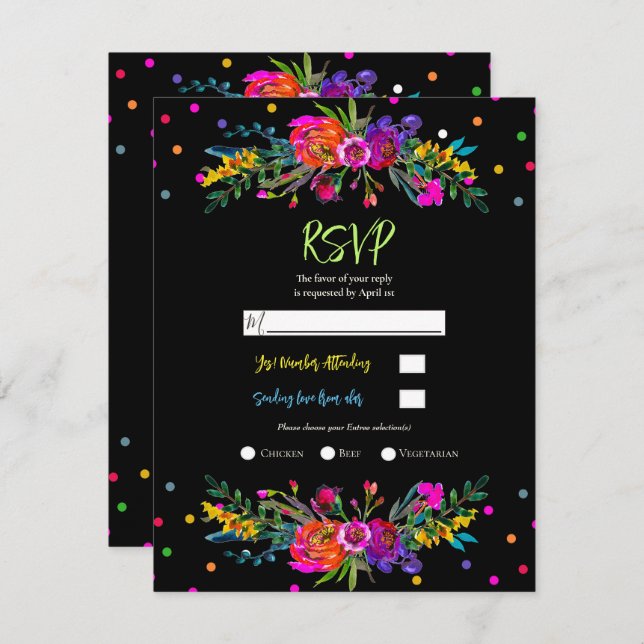Convites Resposta RSVP Floral & Black Fiesta Modern (Frente/Verso)