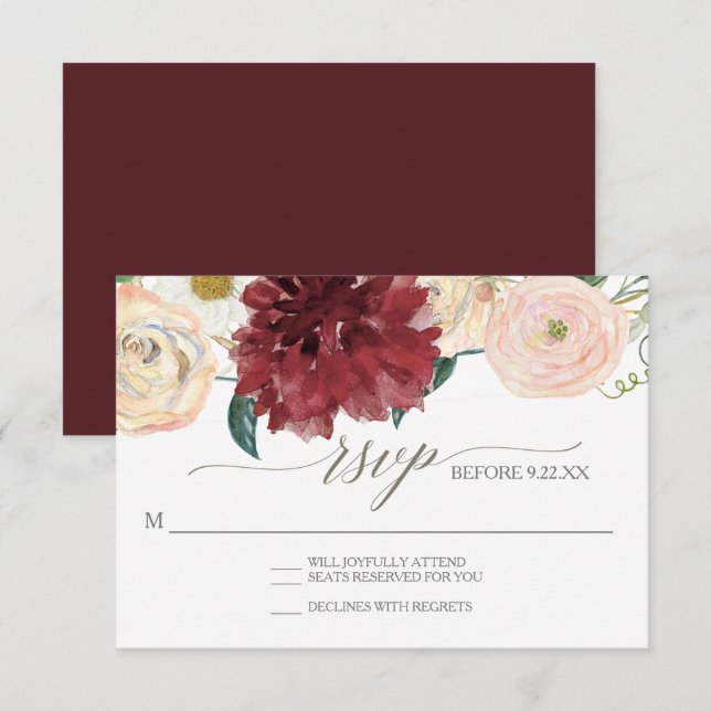 Convites Resposta RSVP Outono Crisântemo Marsala Rosa (Frente/Verso)