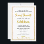 Convites Retângulo branco e Dourado Bat Mitzvah<br><div class="desc">Este convite do Bat Mitzvah de tendência apresenta brilho falso cintilante em camadas sobre um fundo de cor sólida. Use o formulário modelo para adicionar suas próprias informações. O recurso "Personalizar" pode ser usado para alterar o estilo,  a cor e o layout da fonte.</div>