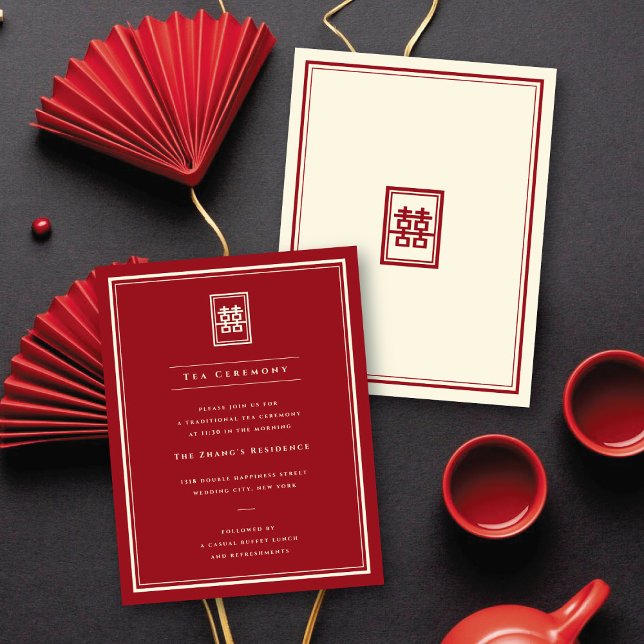 Convites Retângulo Clássico Cerimônia de Felicidade Dupla (Red/Ivory Classic Rectangle Double Happiness Tea Ceremony Enclosure Card @ fatfatin_red_knot)