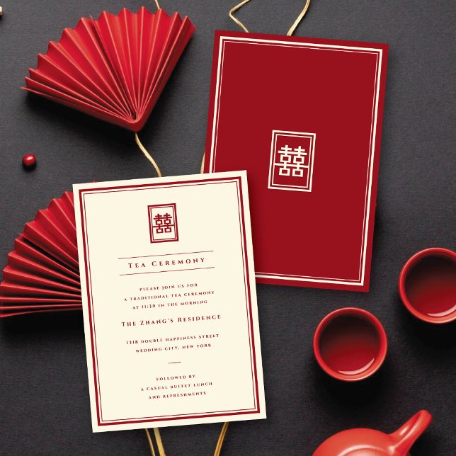 Convites Retângulo Clássico Cerimônia de Felicidade Dupla (Red/Ivory Classic Rectangle Double Happiness Tea Ceremony Enclosure Card @ fatfatin_red_knot)