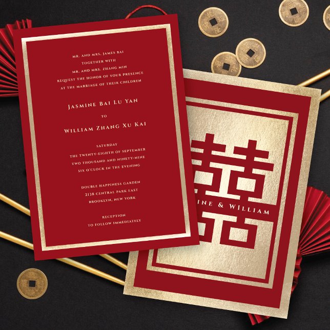Convites Retângulo Clássico Dupla Felicidade Casamento Chin (Red/Gold Classic Rectangle Double Happiness 囍 Chinese Wedding Invitation @ fatfatin_red_knot)