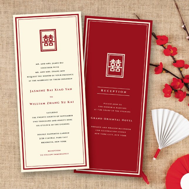 Convites Retângulo Clássico Felicidade Dupla Casamento Chin (Red/Ivory Classic Rectangle Double Happiness Modern Chinese Wedding Invitation @ fatfatin_red_knot)